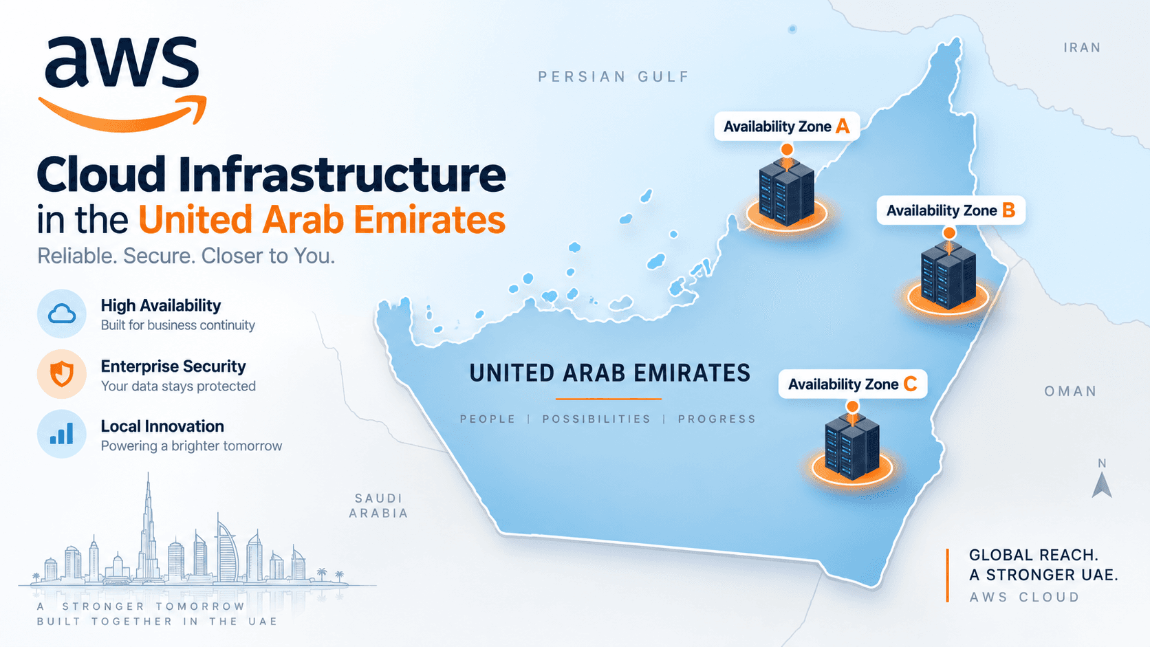 Map showing three AWS availability zones in the UAE