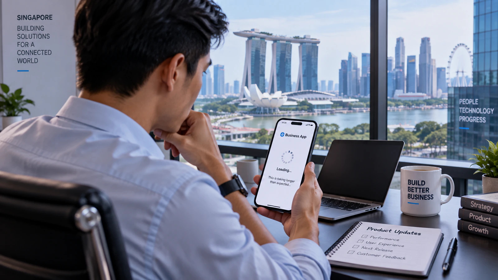 Slow-loading app on a phone in front of the Singapore skyline